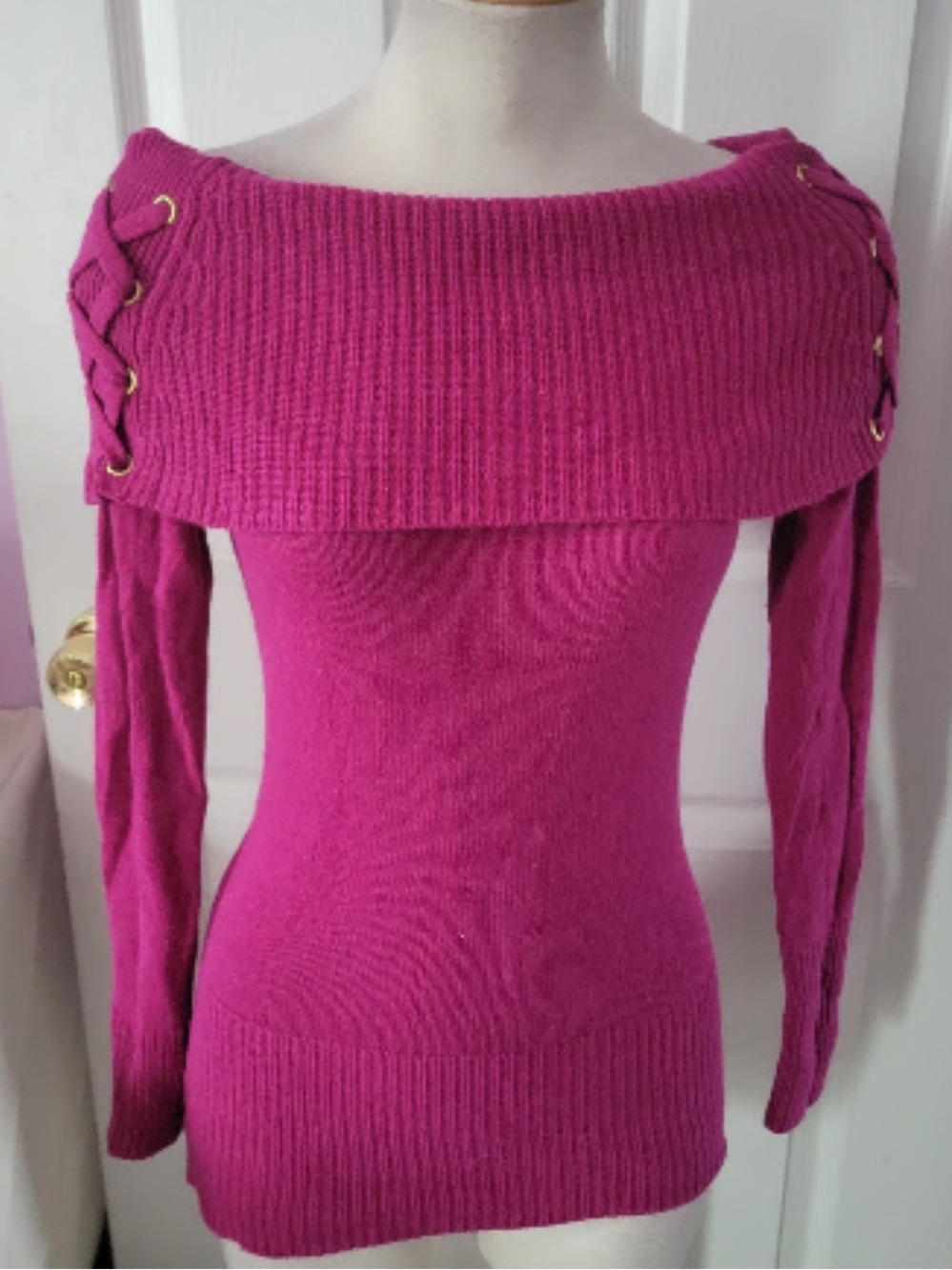Cache Magenta Lace-Up Cowl Neck Sweater